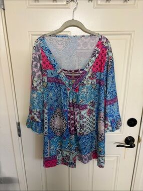 Boho V-Neck Patchwork Tunic in Blue and Pink